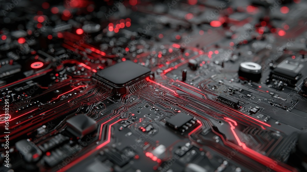 Detailed circuit board with glowing red lines technology computer Stock ...
