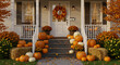 © Arteis - A charming autumn scene featuring a porch decorated with pumpkins, wreaths, and fall foliage.