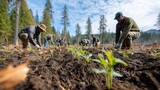 Forester overseeing a replanting effort guiding workers planting young seedlings in rows to restore forest cover after recent logging activities in a mixed forest.