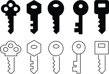 Antique key silhouettes. Medieval and modern keys, black vintage shapes set. Open door symbols,privacy and escape. Abstract tidy vector elements Mixed Keys Silhouettes and Keys black white vector icon