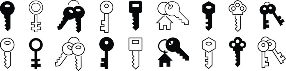 Antique key silhouettes. Medieval and modern keys, black vintage shapes set. Open door symbols,privacy and escape. Abstract tidy vector elements Mixed Keys Silhouettes and Keys black white vector icon