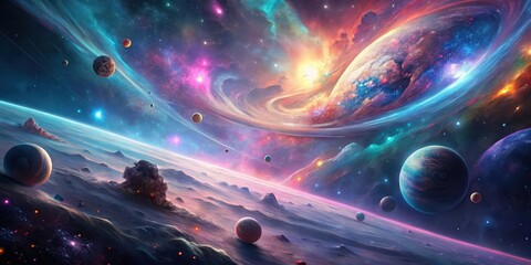 Wall Mural - A Celestial Tapestry Vibrant Nebulae, Glowing Planets, and a Serene Extraterrestrial Landscape