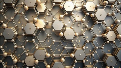 Wall Mural - Abstract Hexagonal Gold and Gray Metallic Structure with Interconnected Spheres