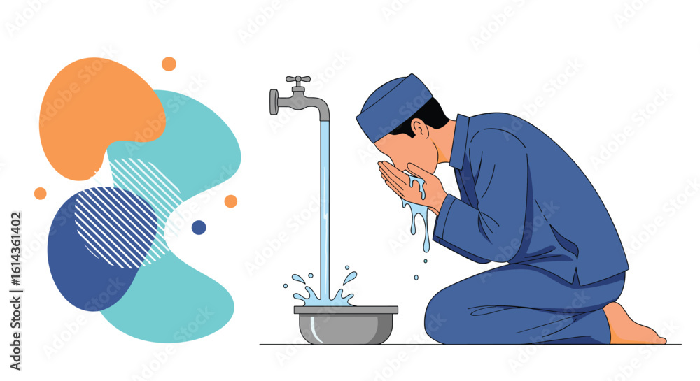 Muslim man performing ablution wudu ritual washing face before prayer ...