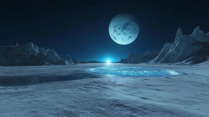 Wall Mural - mysterious blue alien planet landscape with fantasy moon in space over serene, frozen ice world at n