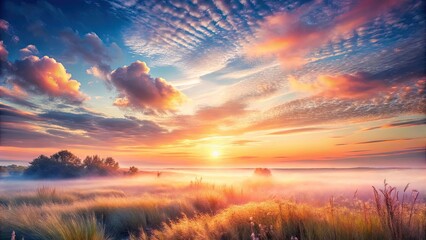 Wall Mural - Serene Sunrise Over Misty Meadow, Painted in Warm Hues of Gold and Orange, a Breathtaking Panorama of Nature's Splendor