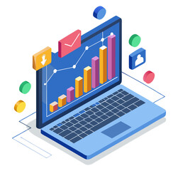 An isometric illustration of a laptop with a business chart on the screen, surrounded by various icons. It represents data analysis, digital marketing, and business reporting.