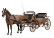 © Mona - A brown horse pulling an antique wooden carriage with upholstered seats on a transparent background