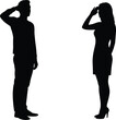 © Parvej Creatives - Silhouette of man and woman saluting each other, military gesture, black figures, cad drawing flat vector illustration, white background, respect