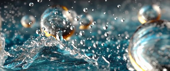 Wall Mural - anamorphic video golden particles in translucent spheres on flowing surface. perfect theme for scien