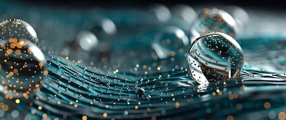 Wall Mural - anamorphic video golden particles in translucent spheres on flowing surface. perfect theme for scien