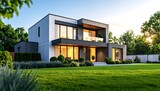 Modern house with landscaped backyard at sunset