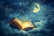 © Sunny_Hare - Glowing storybook floating in night sky with moon and stars, illustrated for children, dreamy and magical feel.