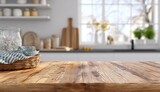 Light, wooden kitchen table, blurred background