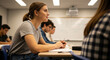 © Amir - Focused Young Woman Student Attentively Listening in a Modern Classroom Lecture.
