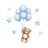 Adorable teddy bear soaring through the sky holding a bunch of light blue balloons surrounded by charming stars for baby shower invitations or nursery decor