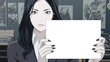 © 963k - アニメ風タッチで描かれた黒髪の女性キャラがスーツ姿で白い空白ボードを手に持ち、中央に注目を集める構成、広告や情報伝達に最適なテンプレート風画像