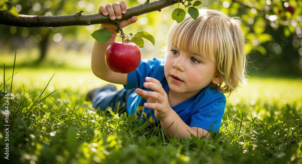 Blonde boy lying on the ground and finding the perfect low hanging red ...