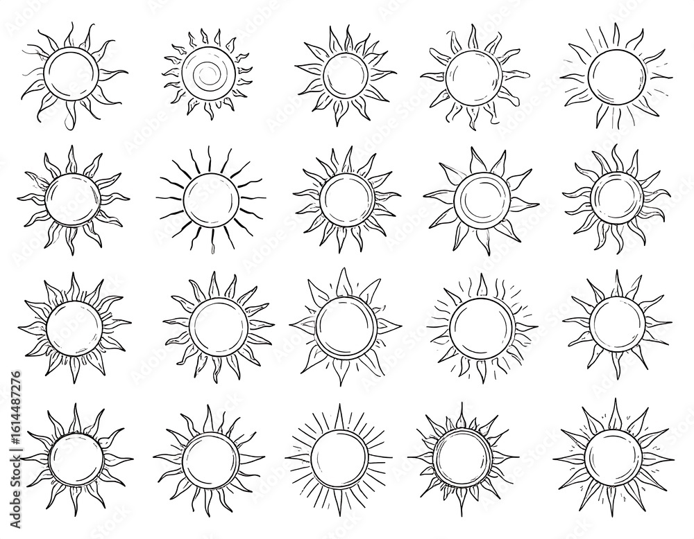 Collection of hand-drawn sun icons.  Simple black line art suns with varied ray patterns