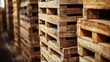 © soem - Stack of wooden pallets in a warehouse. The industrial concept of storage and transportation. The image highlights the functionality and durability of wooden materials.