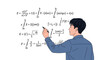 © Media - Math solving concept. Person writing complex equations on a whiteboard or transparent surface. Vector illustration.