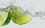 Fresh lime slices splashing into water with bubbles
