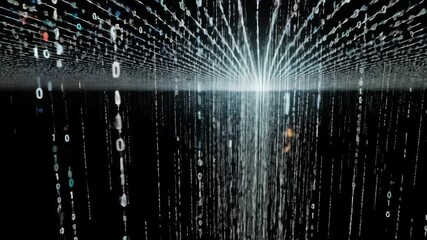 Abstract binary code rain, technology background with falling digital data, numbers. Cyber security, data stream, artificial intelligence concept.