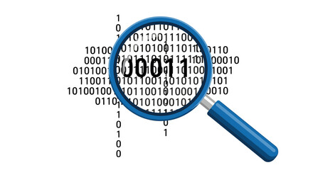 Binary Data Analysis Vector Illustration with Magnifying Glass. Programming and Cybersecurity Concept