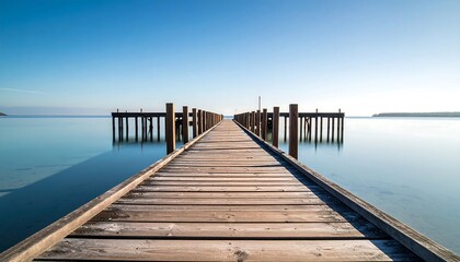  Tranquil wooden pier extending into calm waters beneath a clear blue sky