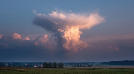 Wall Mural - A towering cloud formation rises dramatically against a serene landscape during sunset. Soft pink and orange hues illuminate the sky, creating a breathtaking spectacle.