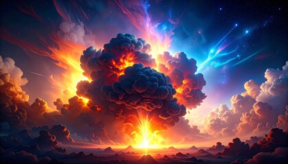Wall Mural - inferno of burning orange and red flames igniting the abstract sky, a hot, smoky danger exploding wi