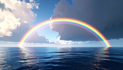 Wall Mural - a vibrant, colorful rainbow arcs across the stormy blue sky over the beautiful ocean landscape, refl