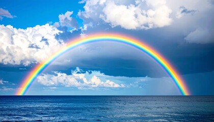 Wall Mural - a vibrant, colorful rainbow arcs across the stormy blue sky over the beautiful ocean landscape, refl