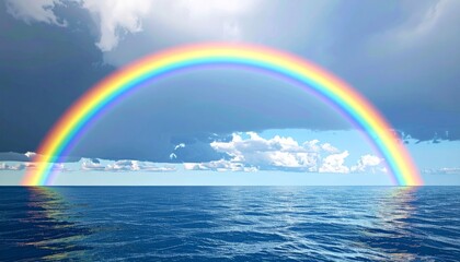 Wall Mural - a vibrant, colorful rainbow arcs across the stormy blue sky over the beautiful ocean landscape, refl