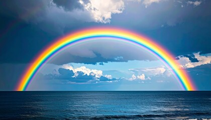 Wall Mural - a vibrant, colorful rainbow arcs across the stormy blue sky over the beautiful ocean landscape, refl