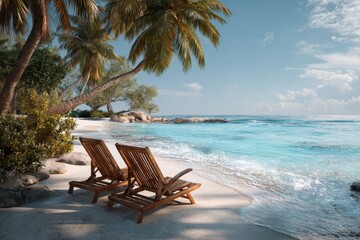 Wall Mural - Relaxing beach getaway with wooden chairs under palm trees by the ocean during a sunny day with gentle waves
