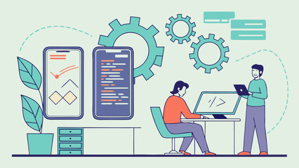 Software development team collaboration on mobile app and website coding for startup success project plan