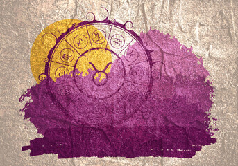 Wall Mural - Astrology symbols in circle against brush painted sunset landscape. Bull sign
