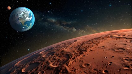 Wall Mural - Stunning Mars Landscape with Earth and Stars in Space