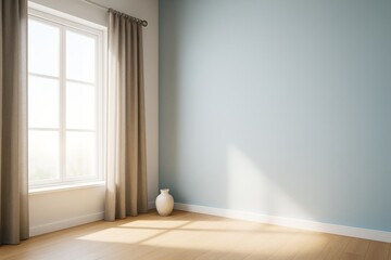 Wall Mural - sunlit modern empty room with light blue wall, beige curtains, and wooden floor featuring soft natur