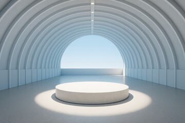 Wall Mural - modern arched interior with circular platform and soft daylight in minimalistic empty room with cont