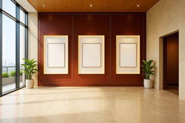 Wall Mural - contemporary indoor gallery with blank illuminated frames and potted plants in a modern clean archit