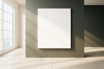 Wall Mural - blank canvas hanging on dark wall in sunlit modern interior room with large windows and tiled floor,
