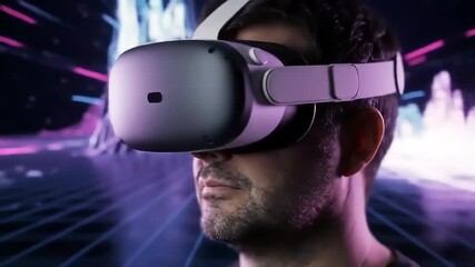 Man uses VR headset, purple background, digital art