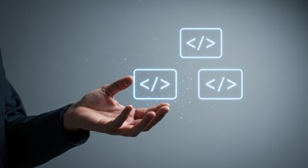 hand holding code icons, digital technology - futuristic technology