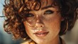 © mila103 - A young woman with curly hair and prominent freckles smiles softly while basking in sunlight. The background features a bright, clear sky, enhancing her vibrant expression.