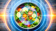 © MochamadGandi - High-tech food analysis concept showing a fresh salad bowl with a futuristic scanner graphic for nutrition and safety
