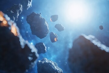 Wall Mural - asteroids traversing the solar system illuminated by distant stars and cosmic light, 3d of asteroids