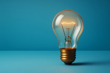 Wall Mural - glowing light bulb standing upright on flat surface against blue background symbolizing innovation, 