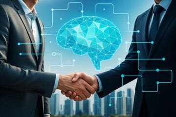 Wall Mural - businessmen shaking hands with digital brain network above symbolizing partnership in artificial int